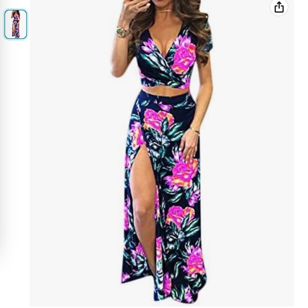Floral Print Split 2 Piece Crop Top Maxi Skirt Set Bandage Clubwear Dress